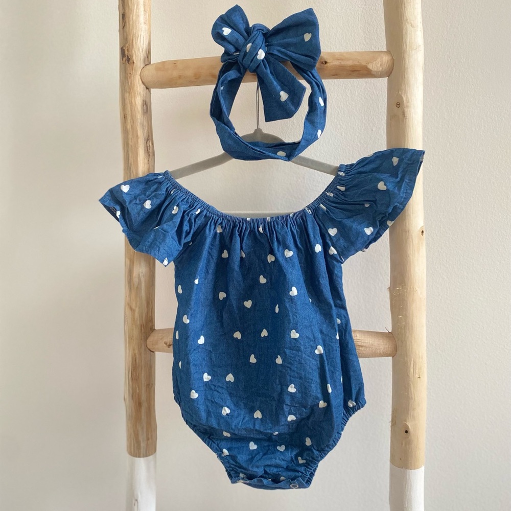 Denim baby / infant boho romper with matching tie